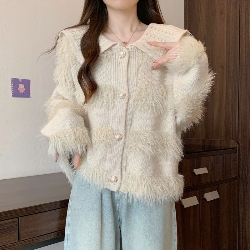 

Women's Loose Fit Soft Knitted Cardigan - New Autumn Winter Gentle Ruffled Collar Plush Striped Fluffy Trendy Knitwear