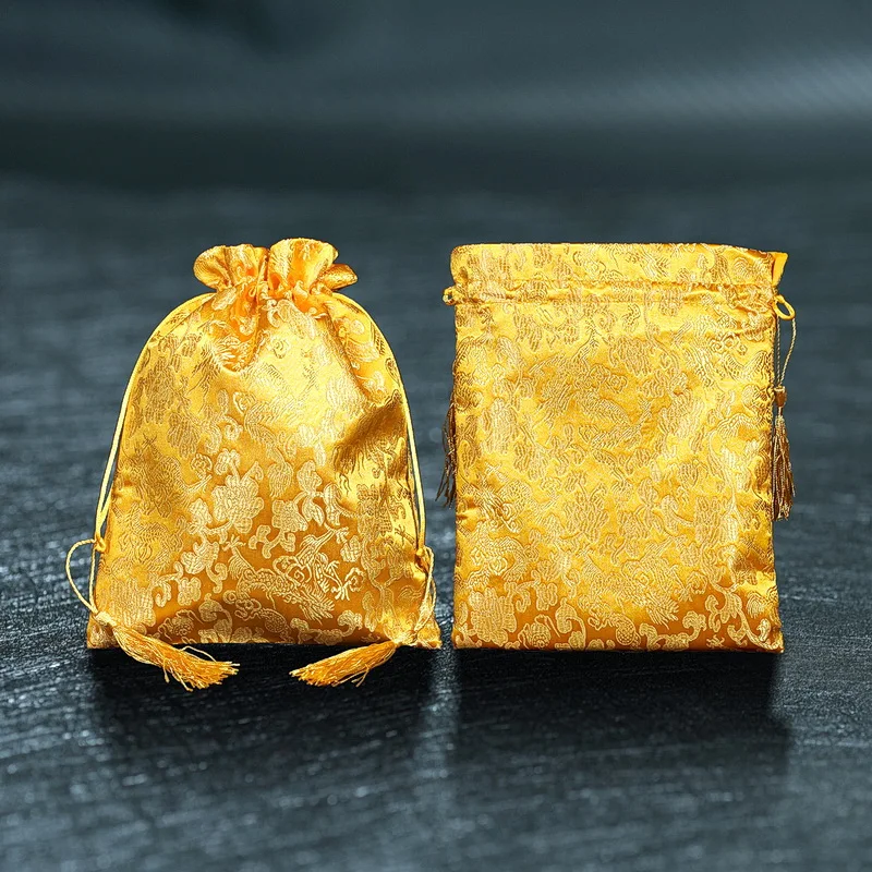 

10pcs Custom Large Yellow Chinese Dragon Silk Brocade Jewelry Pouches Drawstring Gift Packaging Bags Carry Storage Pouch