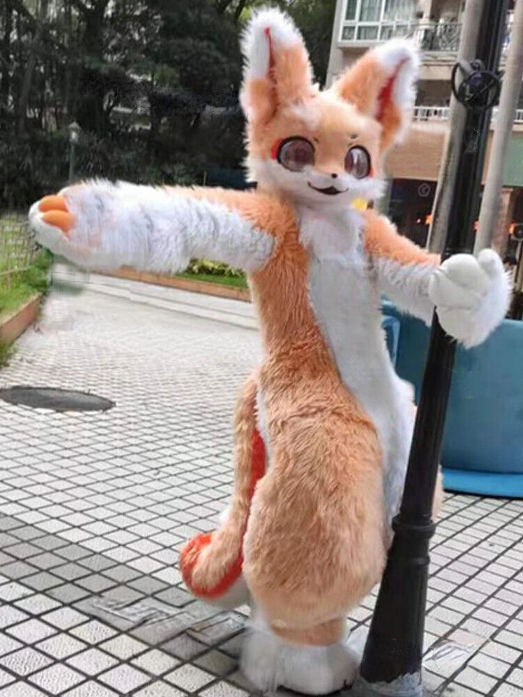 لطيف Fursuit برتقالي فاتح فروي الزي هالوين تأثيري دعوى طويلة الفراء أجش الكلب الثعلب التميمة زي