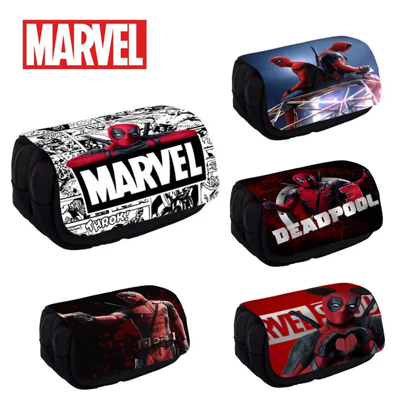 

New Marvel Cartoon Pencil Case Deadpool Double Layer Flip Printed Pencil Bags Stationery Bag Students Portable School Supplies