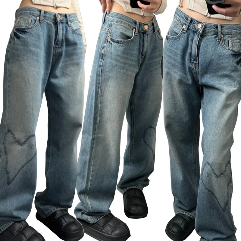 

High quality design embroidered love denim pants High quality design embroidered love denim pants Wide-legged for cute girl