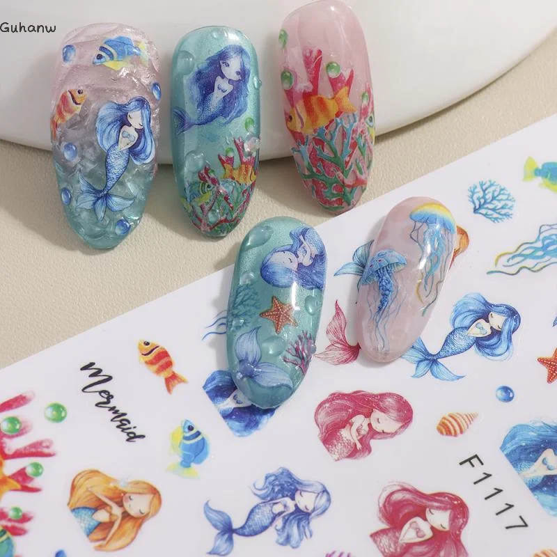1 Sheet Holographic Jellyfish Dolphin Nail Art Stickers 3D Mermaid Ocean Shell Nail Decals Adhesive Ocean Beach Designs Nails