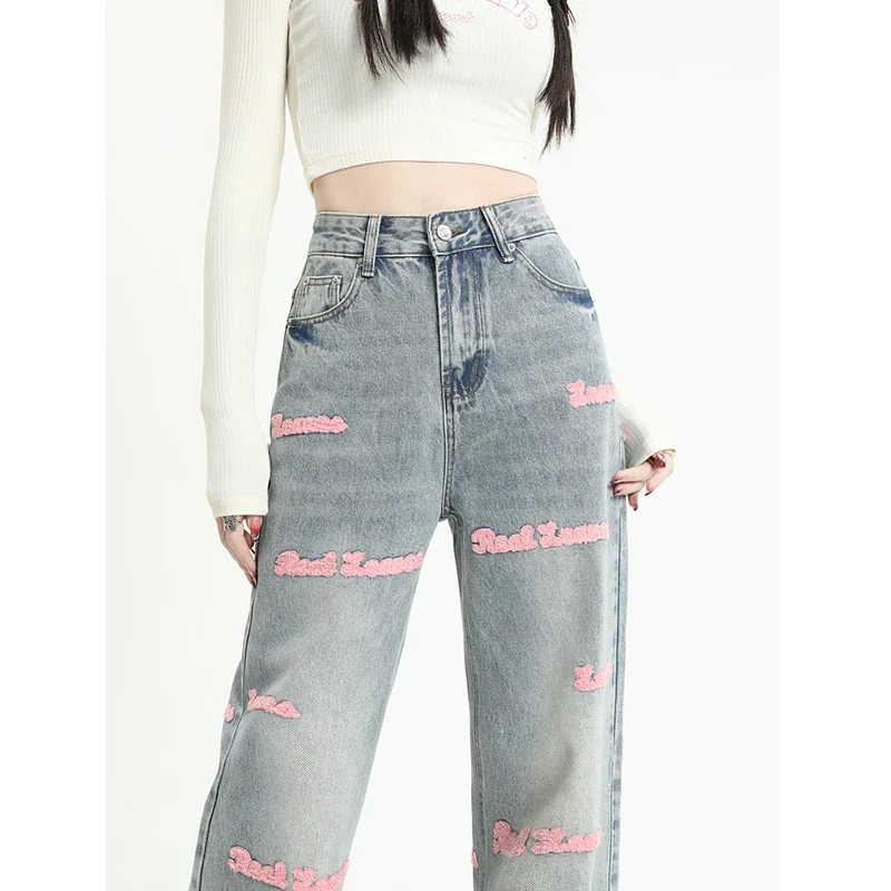 

Vintage Streetwear Jeans Women Letters Embroidery High Waisted Wide Leg Pants Womens Jean Y2k Korean Soft Denim Summer