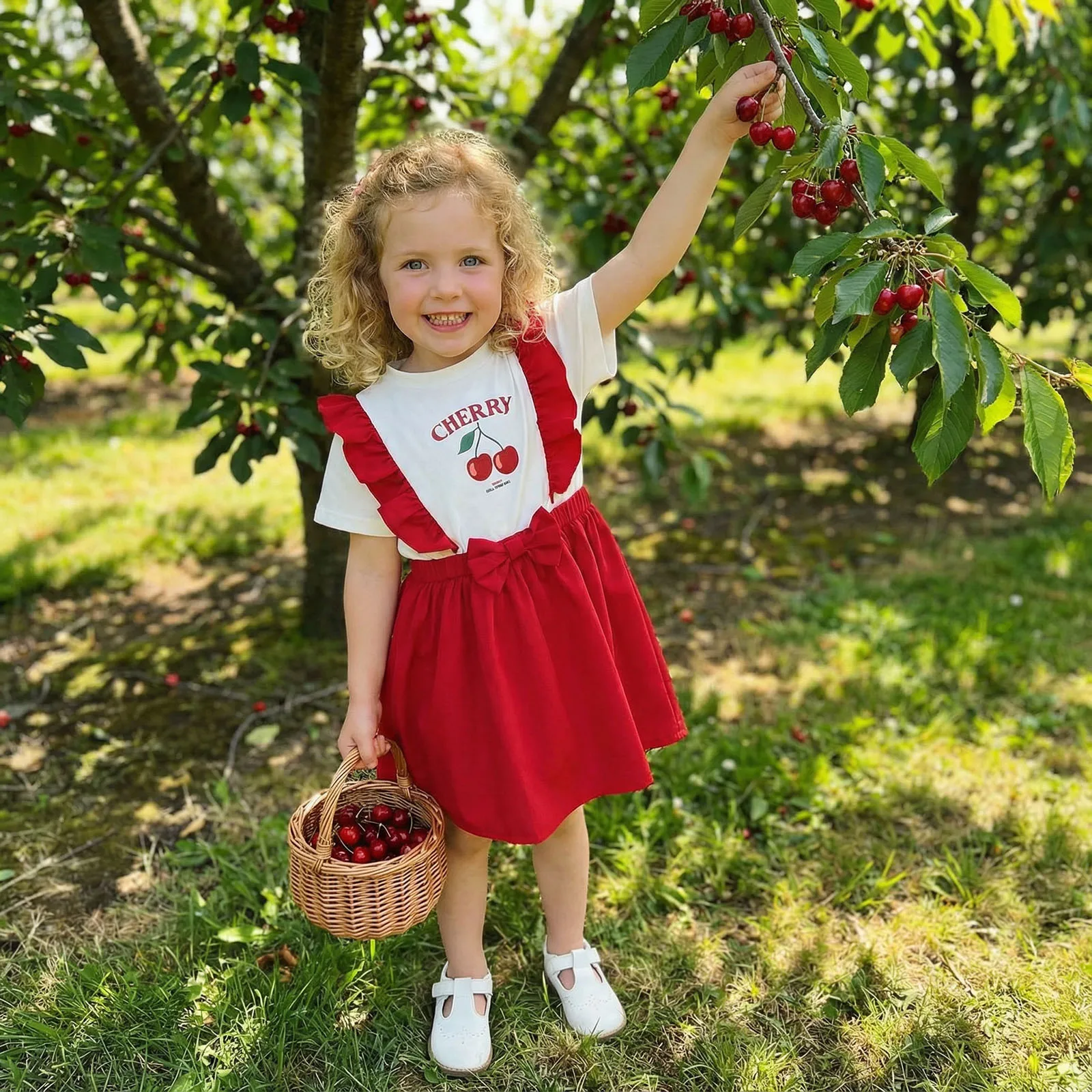 4-7Y Little Toddler Girl Summer Dress A Line Casual Cherry Print Ruffled Trim Bow Fake Two-piece Short Sleeve Dresses
