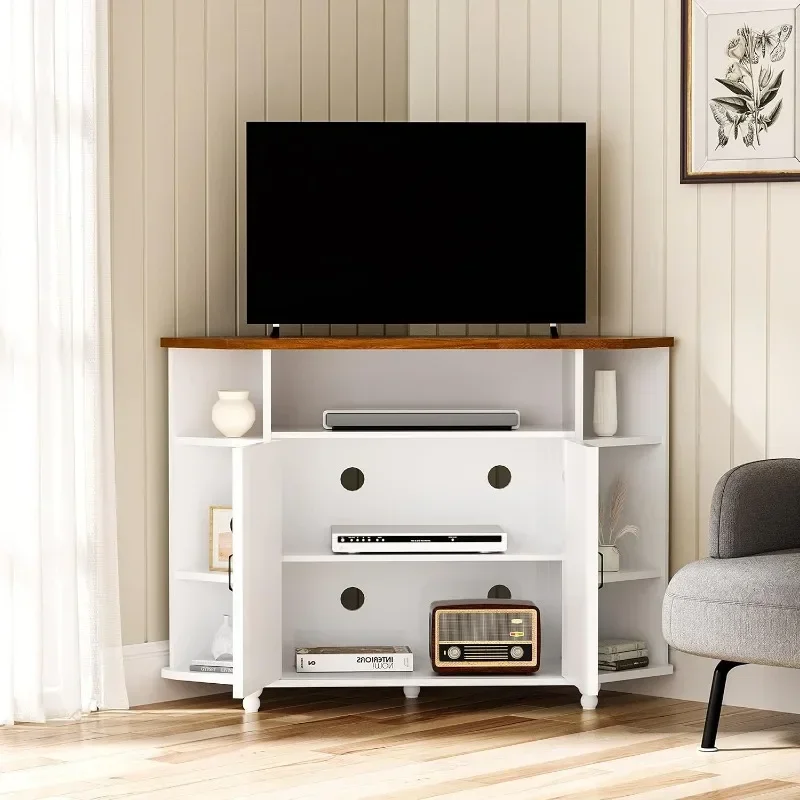 

-Corner TV Stand For 55 Inch With LED Lights, Farmhouse Corner TV Cabinet With Adjustable Shelves, Corner