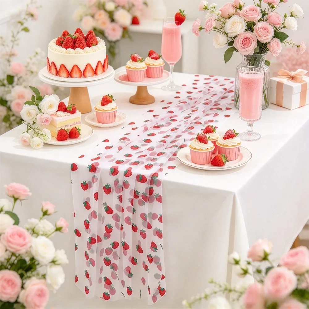 1/2/3Pcs Strawberry Print Mesh Tablecloth, Strawberry Theme Decor for Birthday, Wedding and Engagement Party