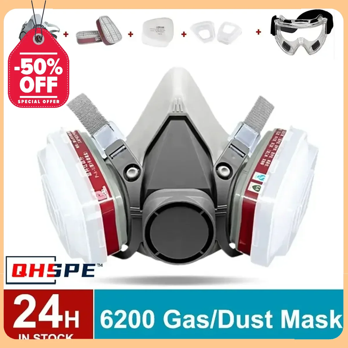 

Original 6200 Respirator Reusable Half Face Cover Gas Mask with Cotton Filter Goggles for Painting Spray Polishing Work Safety