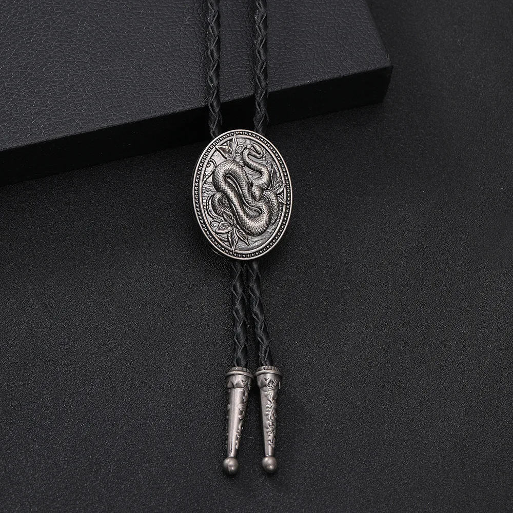 2026 Fashionable Men's Oval-Shaped Animal Snake Leather Rope Pollo Tie Men's Gift Accessory Wholesale