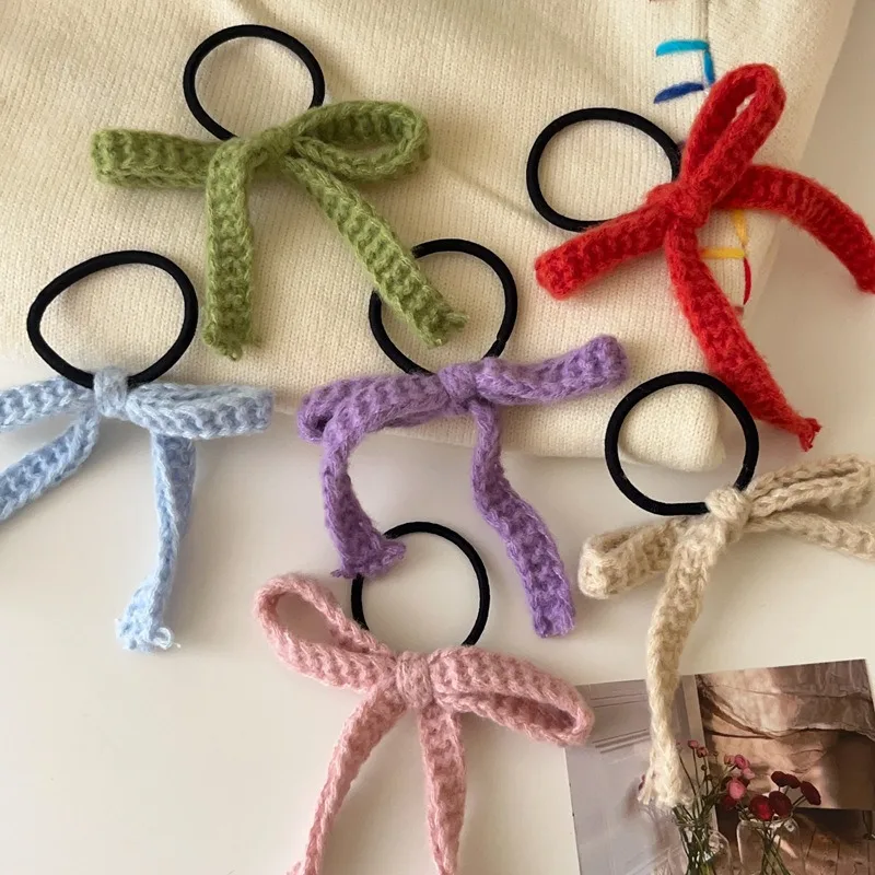 Colored Woolen Bow Hair Tie Scrunchies Headwear for Girls Korea Sweet Knitted Ribbon Ponytail Elastic Hair Band Hair Accessories