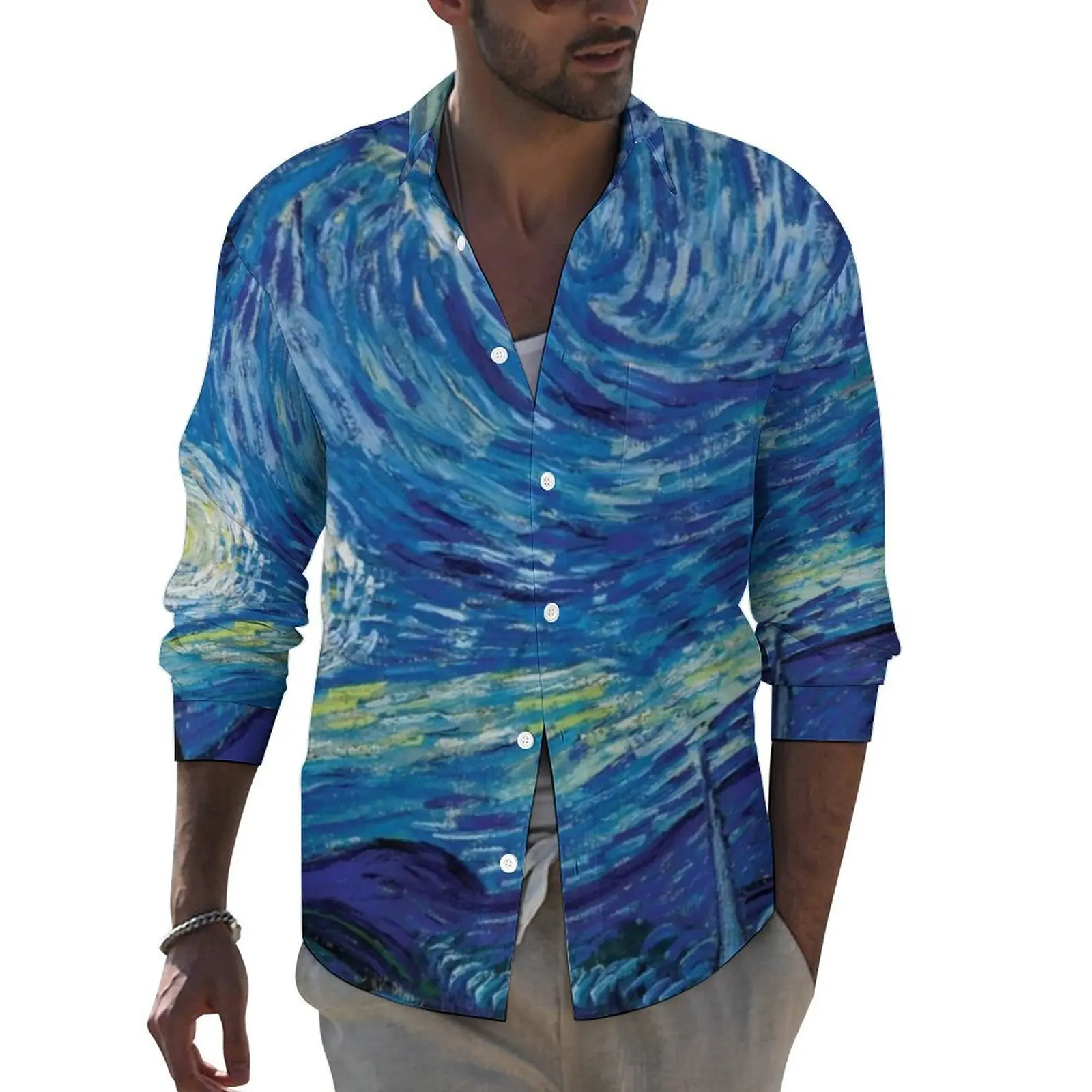 Abstract Sky Shirt Van Gogh Starry Night Casual Shirts Long Sleeve Graphic Aesthetic Blouses Spring Fashion Oversized Clothing