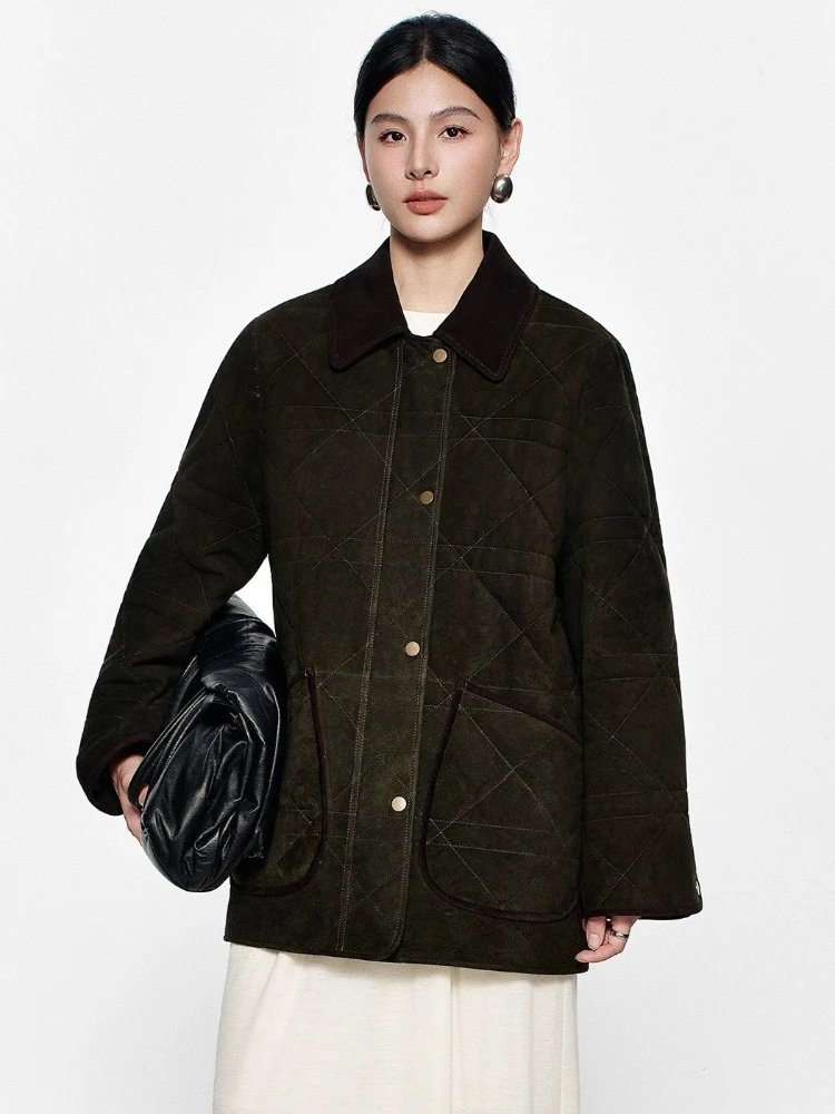 

Vintage Genuine Leather Quilted Jackets for Women Autumn Winter 2026 New High-end Simple Loose Real Cow Suede Camel Down Coat