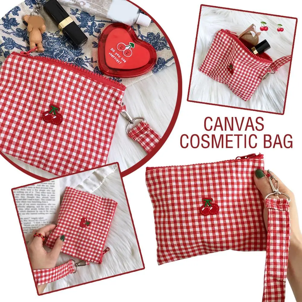 

Embroidered Cherry Makeup Bag, Vintage Red Plaid Canvas Cosmetic Pouch, Large Toiletry Bag for Women, Travel Organizer