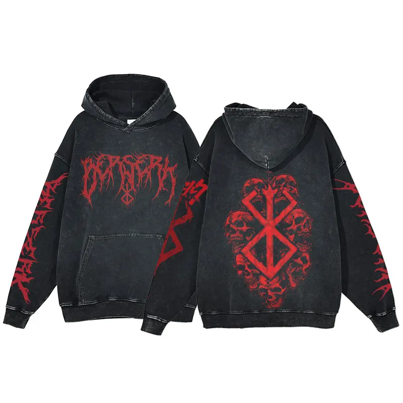 Berserk Anime Acid Washed Hoodie Men's Clothing Vintage high quality Cotton Hoodies Women Hip Hop Hooded Sweatshirts Y2K Clothes