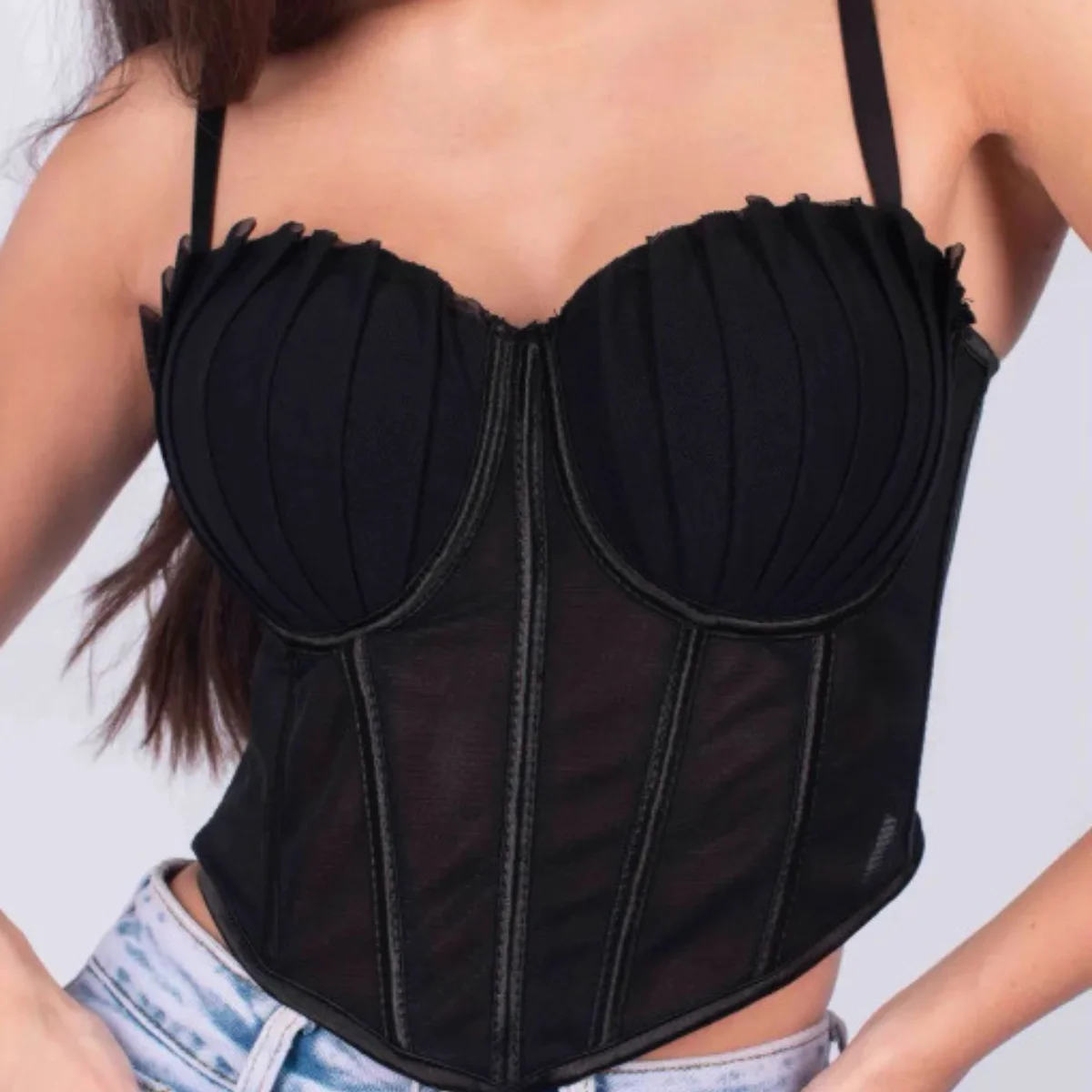 

Fashion Mesh Corset korean Summer Bones Bra Cami Korset Slim Hotsweet Tank Top Women Sweet Solid Backless Crop Top Sexy Lingerie