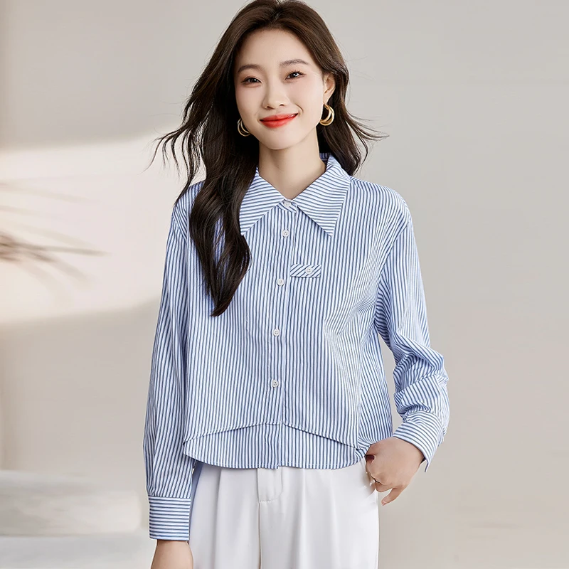 Camicia a righe urbana da donna Top streetwear moderno con camicette eleganti classiche slim fit e maniche lunghe per giovani donne