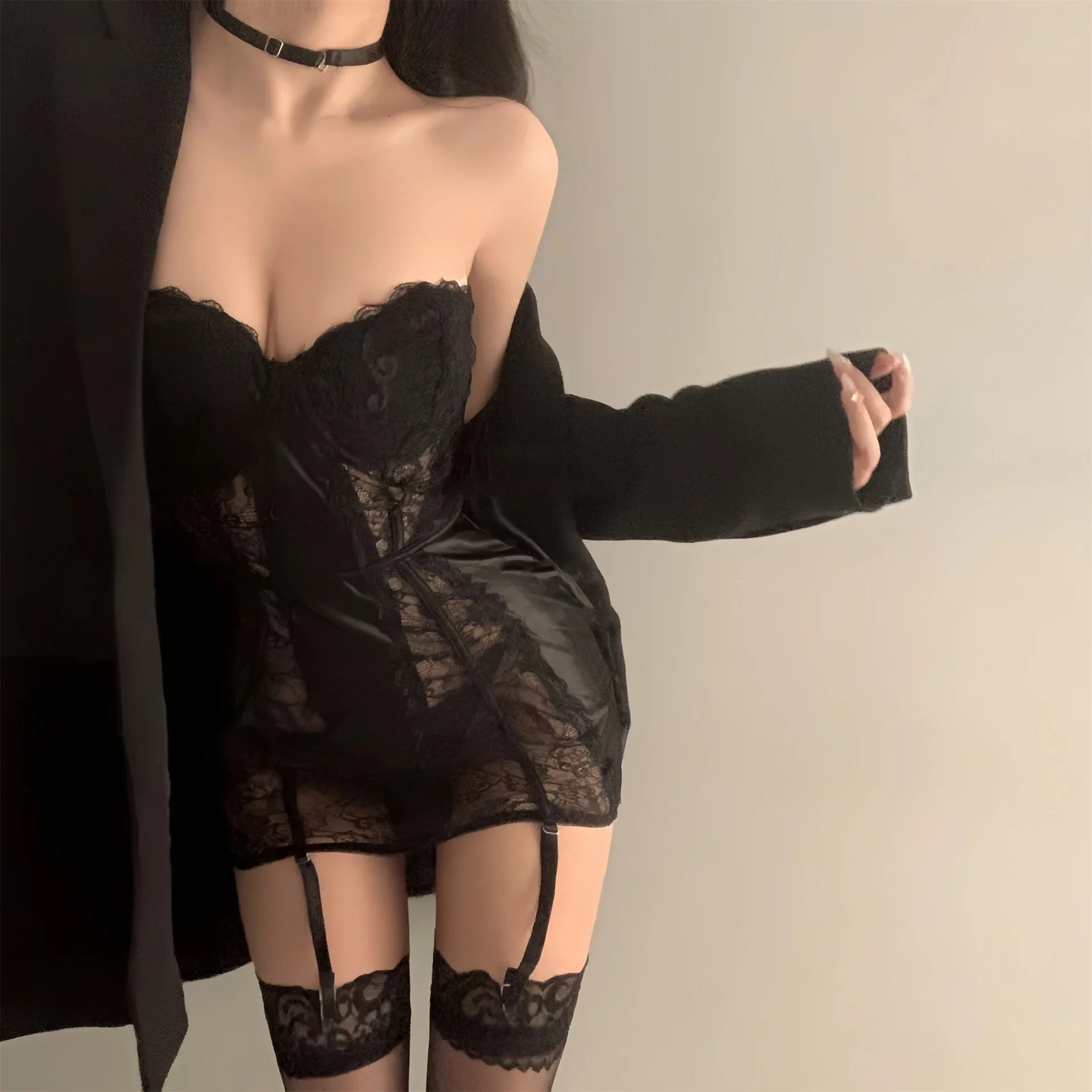 

Sexy Black Short Skirt Soft Lace Strapless Dress Set Tight Skirts for Women Solid Color Hollow Skirt Satin Dresses