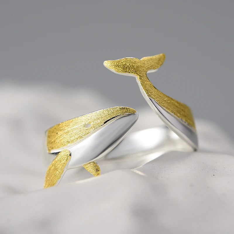 Lotus Fun 18K Gold Personality Whale Dating Adjustable Rings for Women Original 925 Sterling Silver Luxury Quality Fine Jewelry