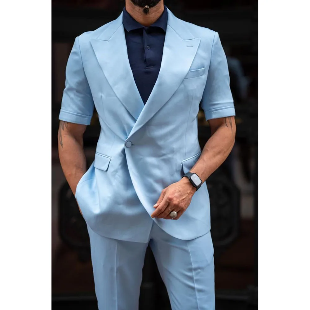 

Summer Short Sleeve Blue Men Suits One Button Peak Lapel Slim Fit Casual 2 Piece Jacket Pants Outfits Custom Made Costume Homme