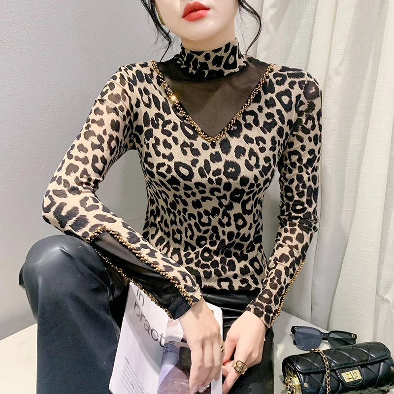 

Slim Fit Long Sve T-irt Women's Autumn Winter Leopard Print Me Splice Beaded Base irt Top High Street Sle Streetwear
