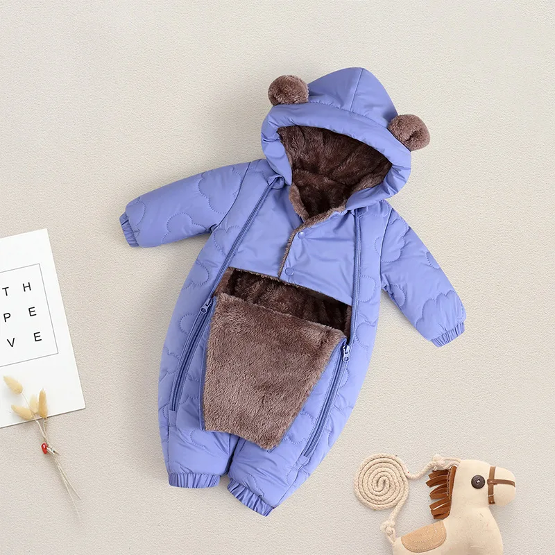 -30 Winter Baby Boys Girls Rompers Solid Color Berber Fleece Lining Thick Warm Hooded Bodysuit For Kids One Piece Overalls