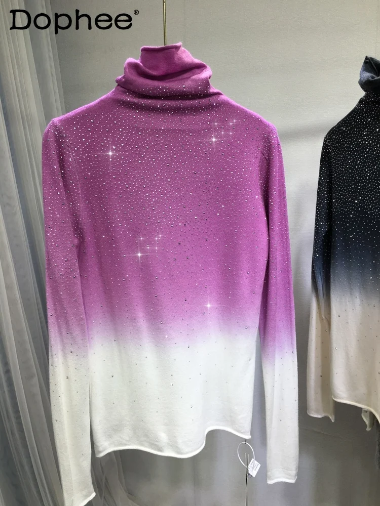 Merci europee Industria pesante Maglione con diamanti caldi Donna Tie-dye Collo alto Sottile maglione lavorato a maglia a maniche lunghe Autunno Inverno