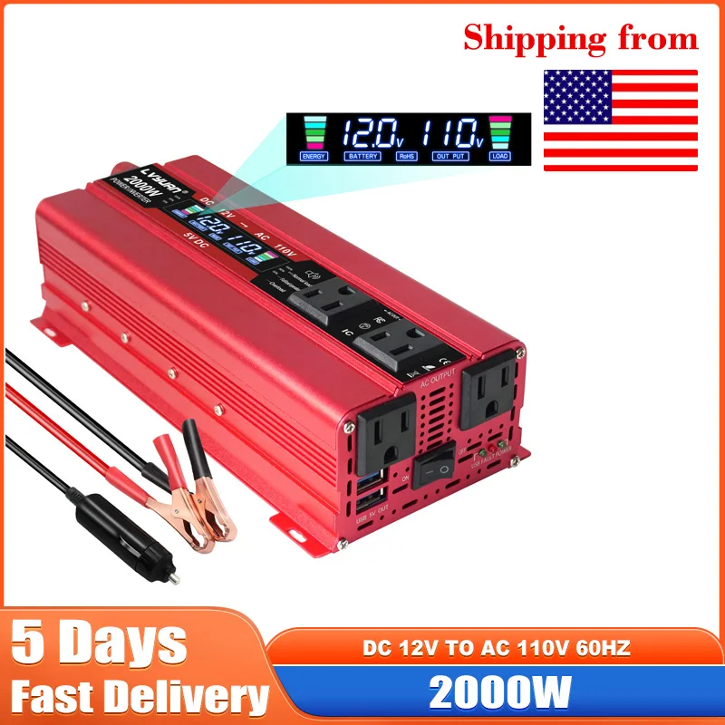 

2000W Power Inverter DC 12V To AC 110V Transformer with 4 US Socket Charge with LED Display for RV Phone Car