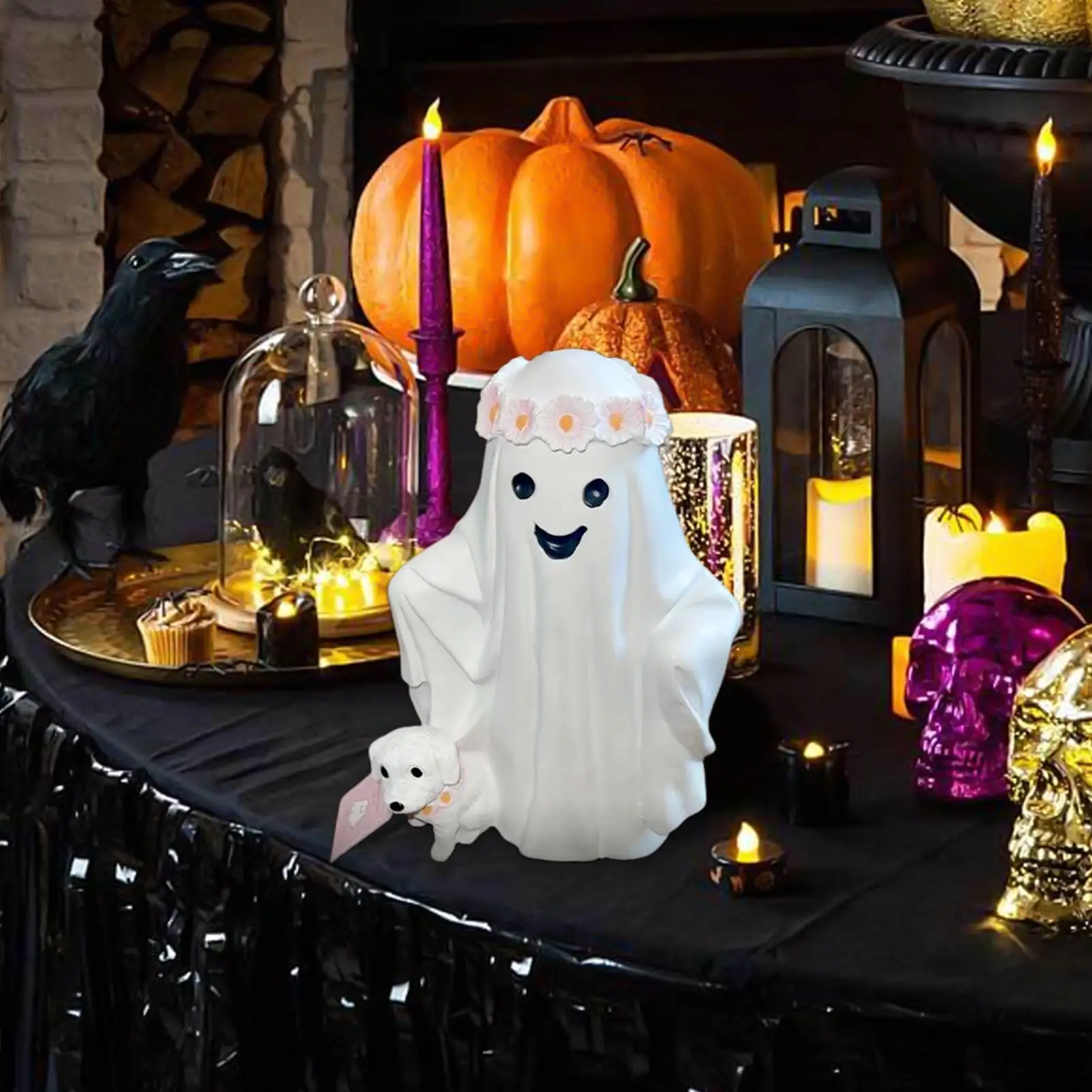 Ghost Walk Dog Indoor Halloween Sculpture Resin Cute Figurines Indoor Decor For Desk Fireplace Mantle Bookshelf Table Halloween