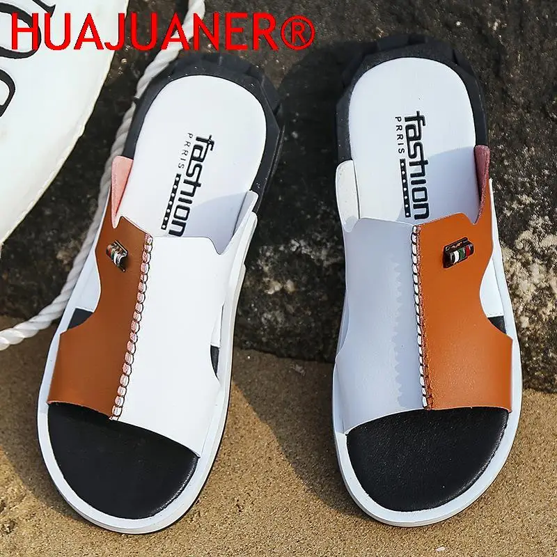 HUAJUANER Sandals Men Summer Slippers Fashion Peep Toe PU Flip Flops Shoes Male Outdoor Non-slip Flat Beach Slides Big Size