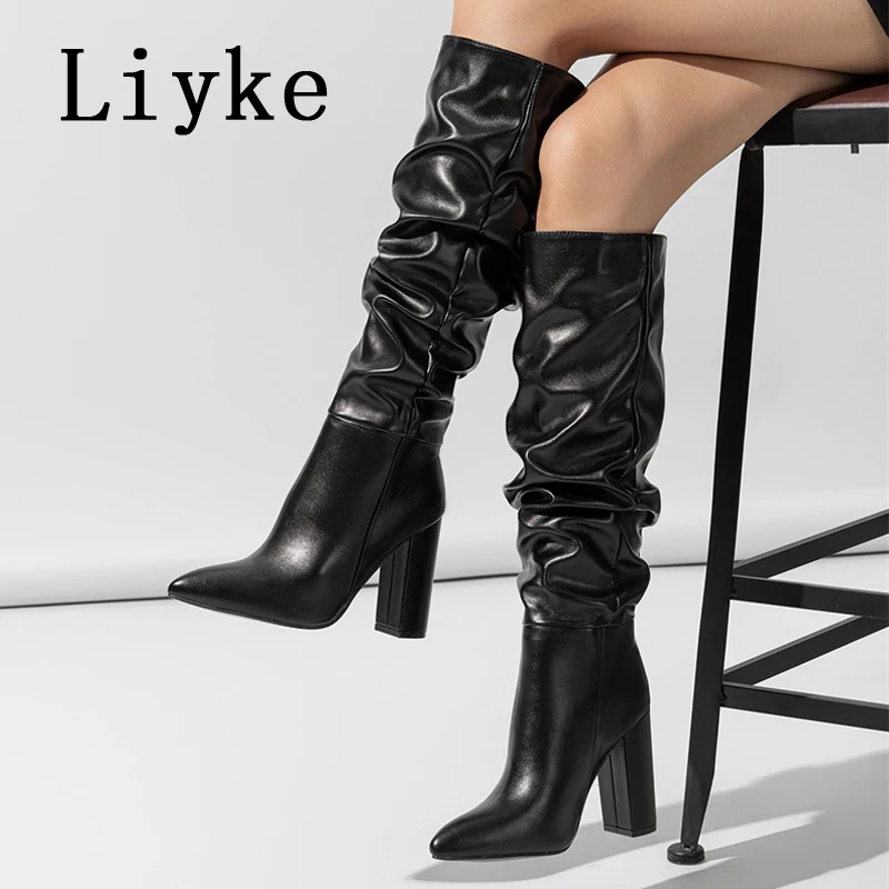 Liyke Size 35-42 White Pleated Leather Long Boots Women Autumn Winter Chunky Heels Motorcycle Knee High Shoes Botas Largas Mujer