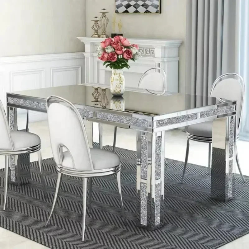 Modern Mirrored Glass Dining Table with Four Legs and A Rectangular Crystal Family Hotel with Broken Diamonds