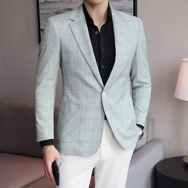 

3-G34 Men's plaid small suit Korean style trendy handsome casual single suit he tops spring and autumn British style jacket