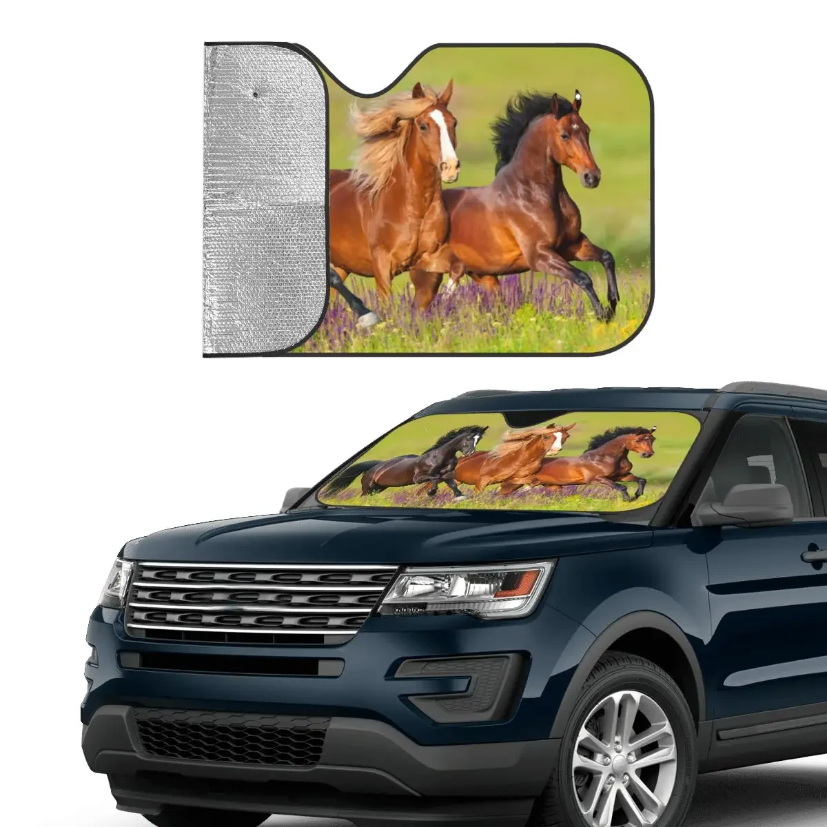 Horse Running Flower Meadow Sunshade Windscreen Galloping Animal Lovers Funny Cover Front Block Window 70x130cm Sunshade Visor