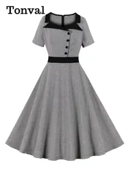 Tonval Contrast Collar Gingham Vintage Dresses for Women Button Front Short Sleeve 50s Rockabilly A Line Plaid Elegant Dress