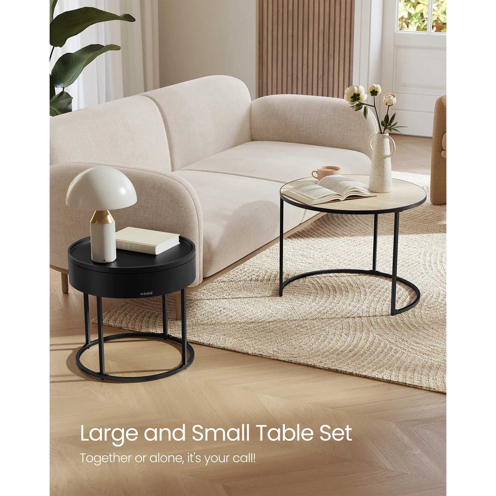 VASAGLE Coffee Tables, Set of 2 Round Side Tables, Nesting Tables, Modern Style, Hidden Storage and Top Tray