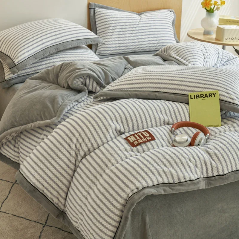 Japanese Striped Milk Velvet Bedding Set Thick Warm Winter Duvet Cover Set with Sheet Queen King Size Soft Plush Quilt Cover Set