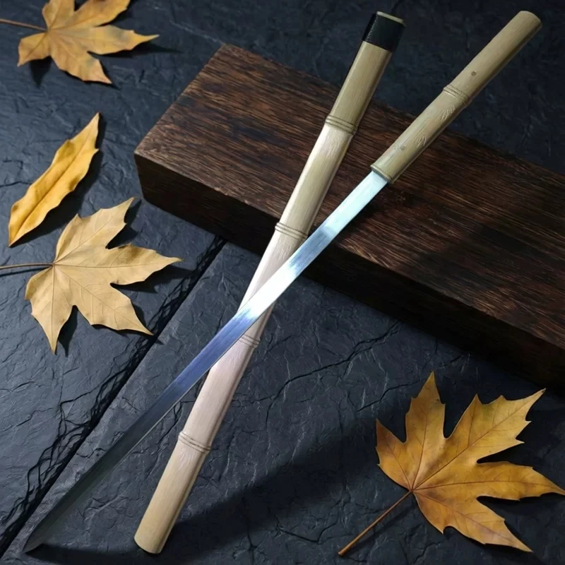 Chinese swords full size real steel natural wooden sword sheath imitating bamboo double edges handmade decor craft Wushu art view 4