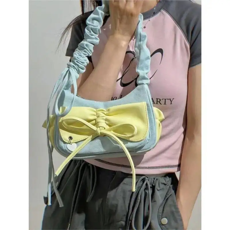 

Bloom Sweet Cool Denim Shoulder Bags Women Haruku Bow Chic Cute Y2k Handbag Purse Ladies Casual Blue Underarm Bag Aesthetic