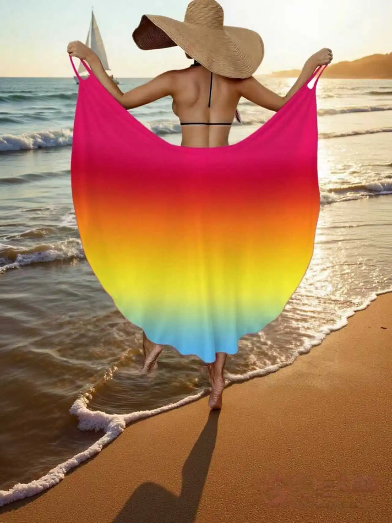 

Women's Beach Cover-Up Dress with Rainbow Gradient Color, Vacation Off-The-Shoulder Shawl Dress, Wrap Dress, Spaghetti Strap Dress