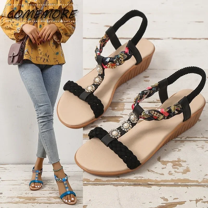 Women‘s Sandals Summer Flat Heel Bohemian Sandals 2025 Rhinestone Mixed Color Ladies Elastic Band Open Toes Beach Shoes Non-slip
