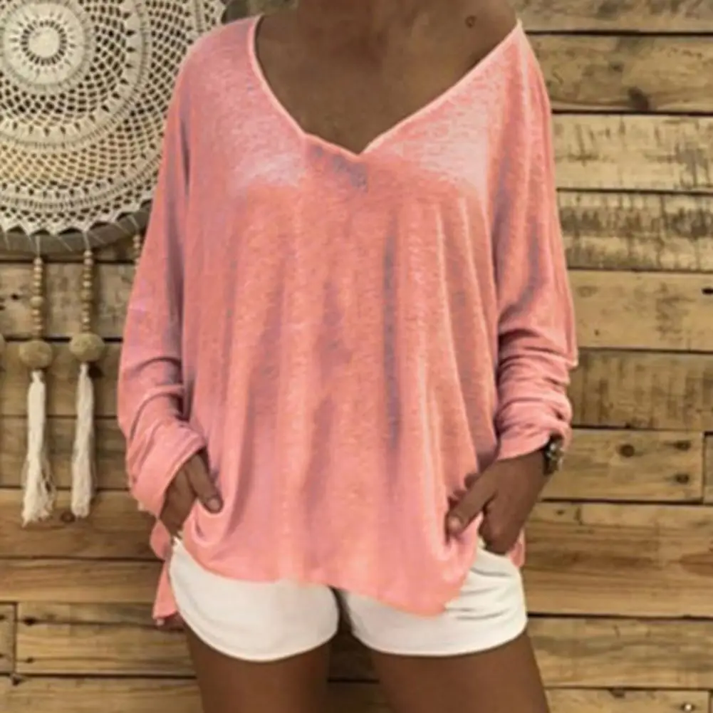 V Neck Women T-Shirt Side Split Hem Loose Fit Solid Color Long Sleeve Loose Casual Pullover Blouse Top Streetwear