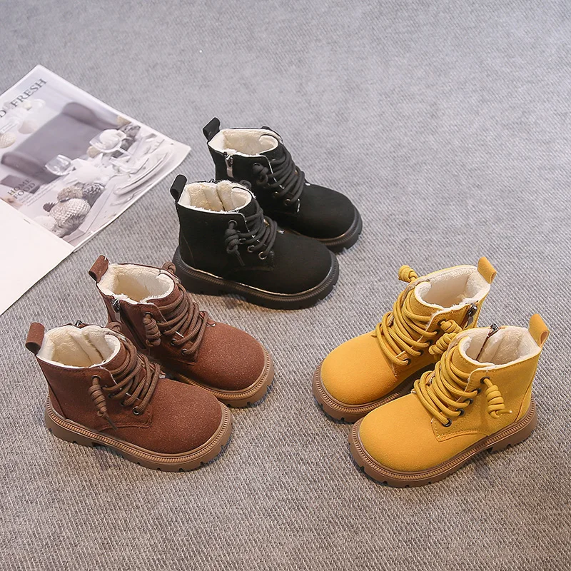 

Детские модные стеганые ботинки для детей от 3 до 18 лет, желтые утолщенные хлопковые туфли в стиле ретро для мальчиков и девочек, зимние коричневые детские кожаные ботинки