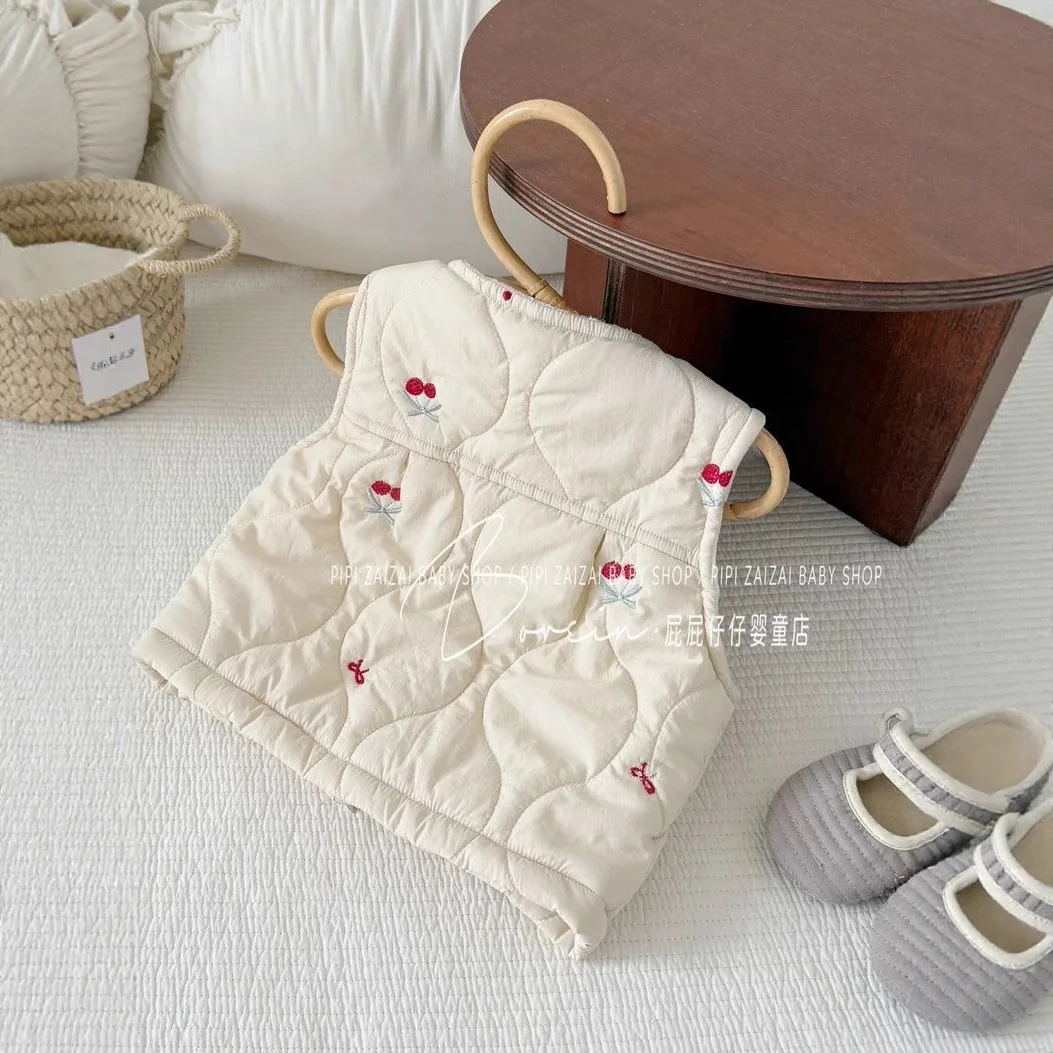 Winter Kids Girls Waistcoat Cherry Jacquard Lace Infant Babys Girl Sleeveless Jacket Korean Round Collar Toddler Girls Outerwear