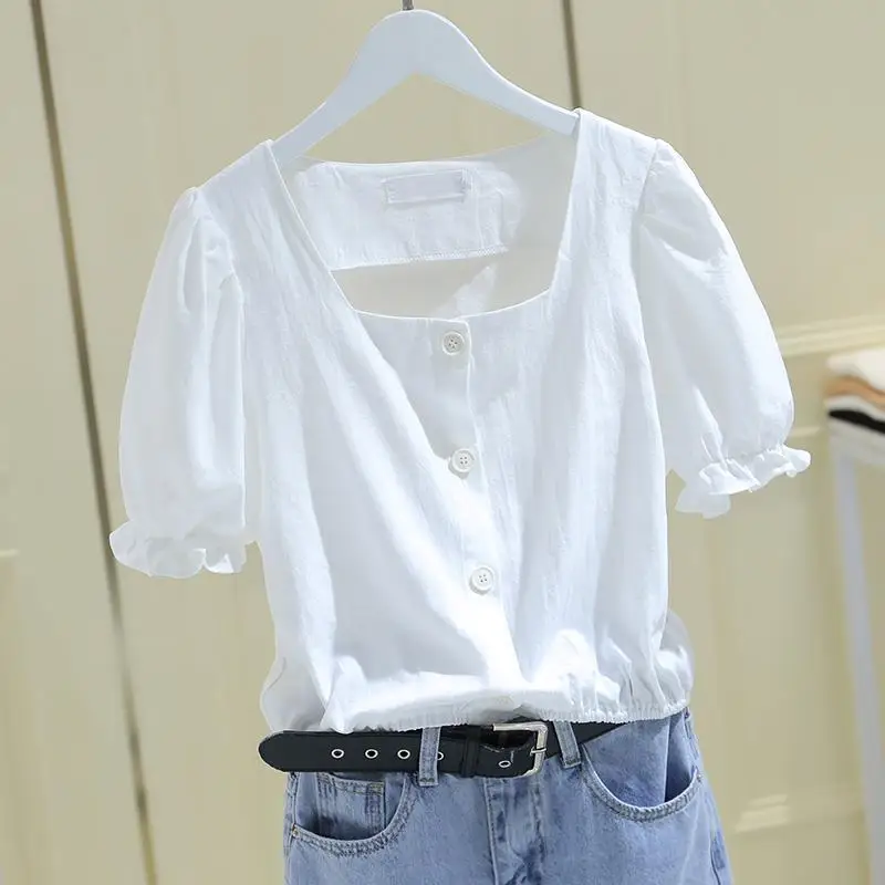 2025 Summer New Style of Loose Puff Sleeve Waist Top Square Collar French Shirt for Women