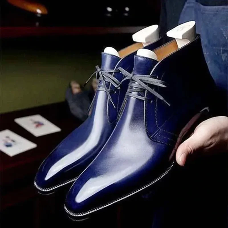 Botas artesanais de couro PU para homens, marrom, preto, botas de motocicleta azul, sapatos de negócios com renda