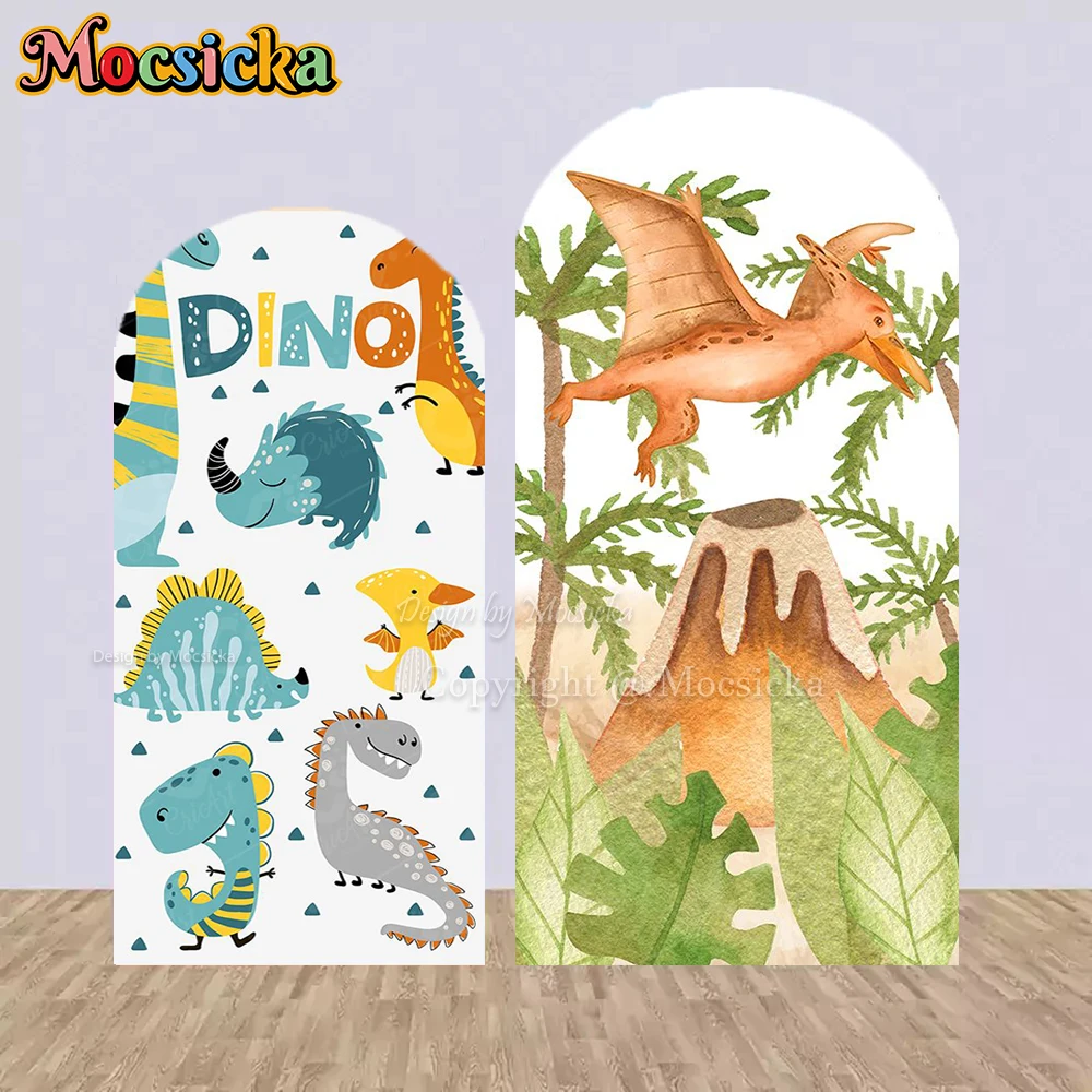 Mocsicka ديناصور عرض الطفل غطاء قوس خلفية التصوير بركان الغابات الكرتون خلفية الطفل الصبي 1st عيد ميلاد فوتوبوث