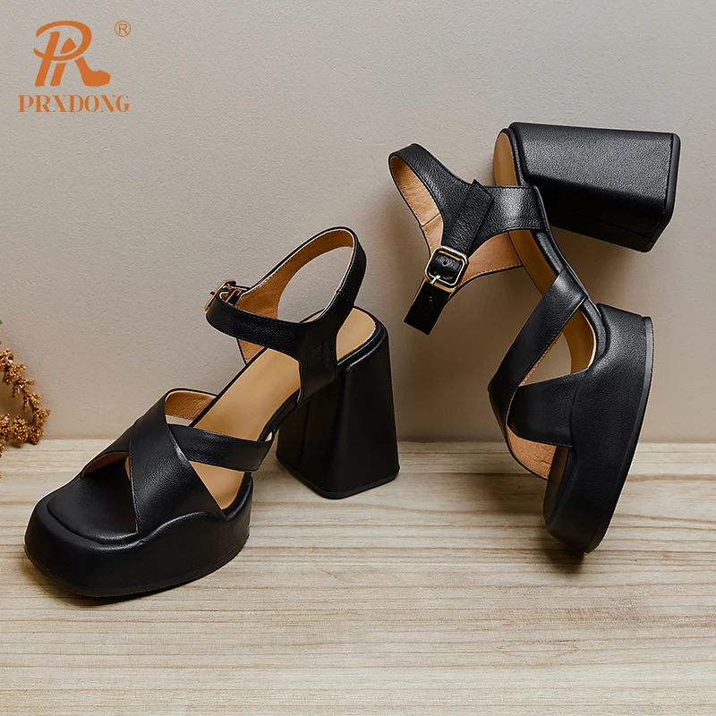 PRXDONG-zapatos de piel de vaca auténtica para mujer, Sandalias de tacón alto cuadrado con plataforma, color negro y Beige, para vestido de boda, 2024