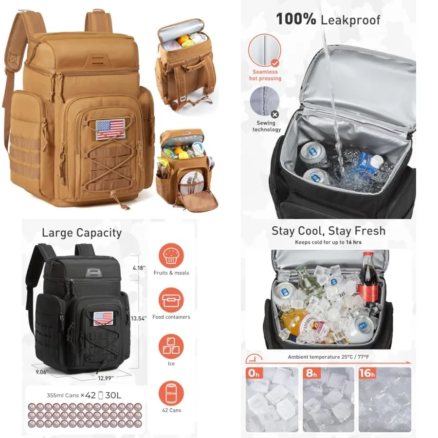 

30L 42 Cans Tactical Cooler Backpack Military-Grade Insulated Back Pack with 16H Ice Retention, Leakproof Multi-Pocket Cooler B