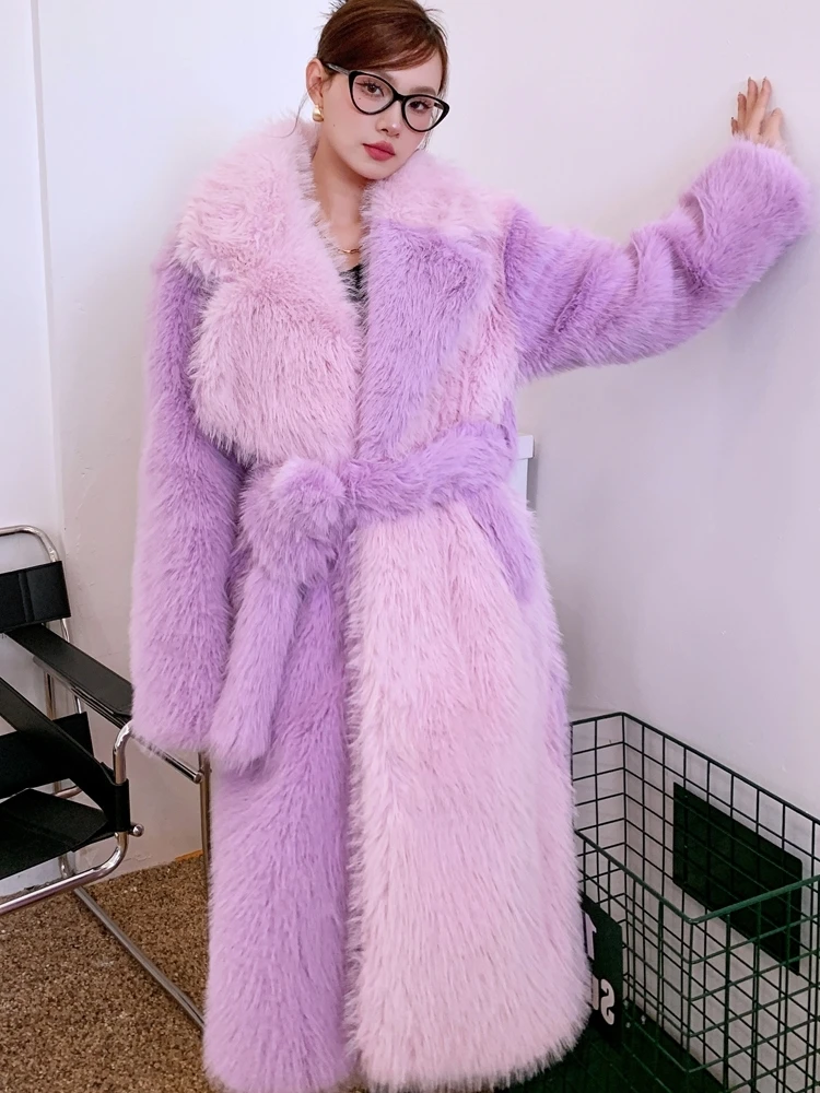 

winter Light pink purple contrasting environmentally friendly fur long loose asymmetrical suit with a lapel collar fur coat