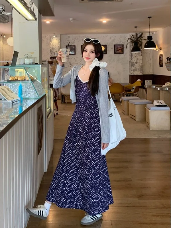 

plus Size Floral Print Halter Dress Knitted Cardigan Two Piece Set Women's Summer Fashion Casual Wear Breathable Short Sleeve