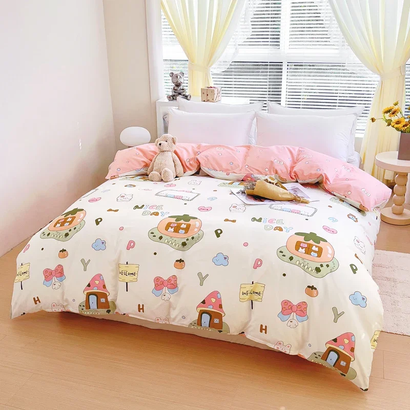 1Pc Cartoon Mushroom Bow Pattern Duvet Cover 100% Cotton Quilt Cover for Teens Boys Girls Skin Friendly Breathable Bedding